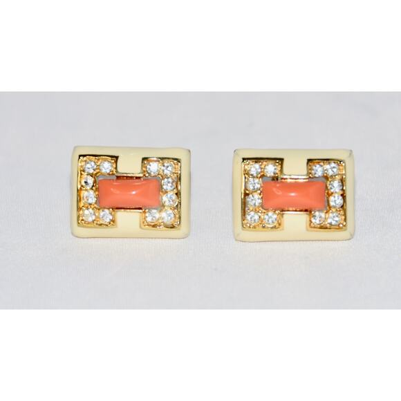 KENNETH JAY LANE Vintage Art Deco Coral - Crystal and Enamel Clip Earrings - Picture 6 of 8